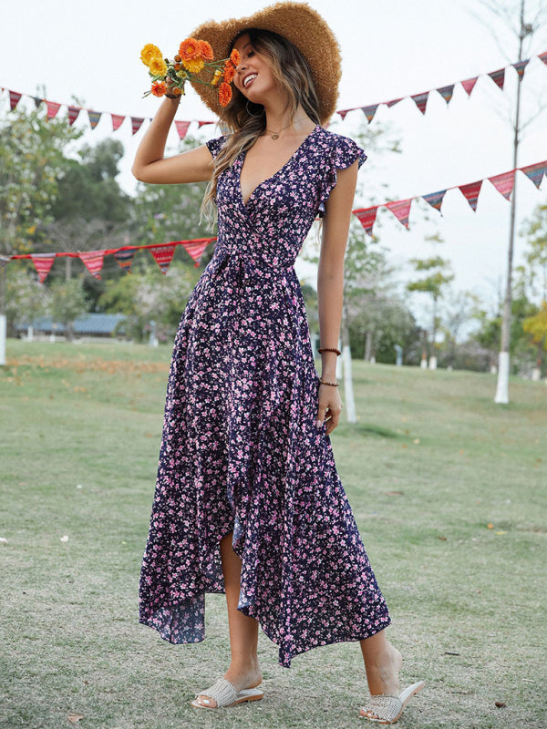 Blue Zone Planet |  Bohemian V-Neck Tie Slim Swing Print Dress BLUE ZONE PLANET