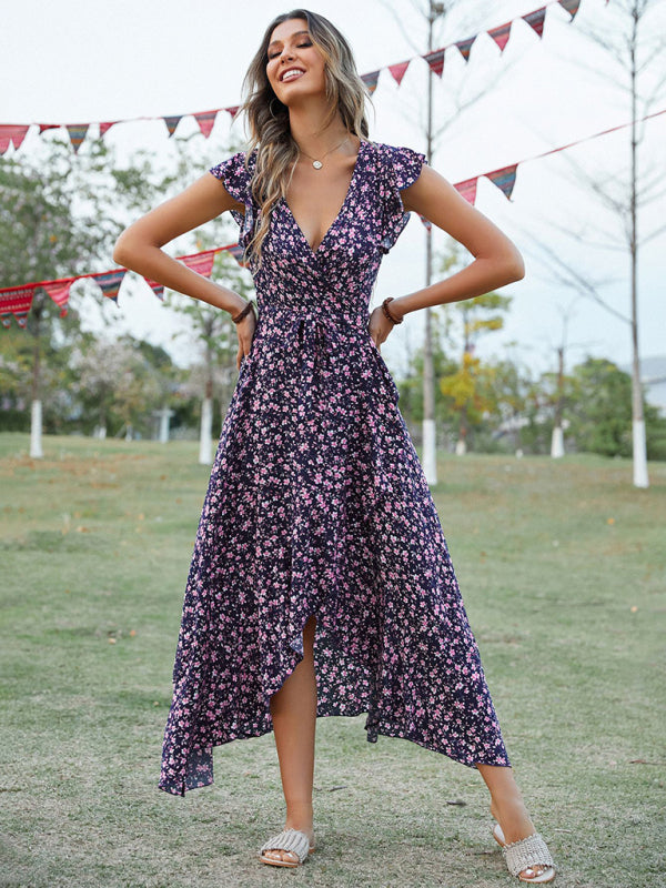 Blue Zone Planet |  Bohemian V-Neck Tie Slim Swing Print Dress BLUE ZONE PLANET