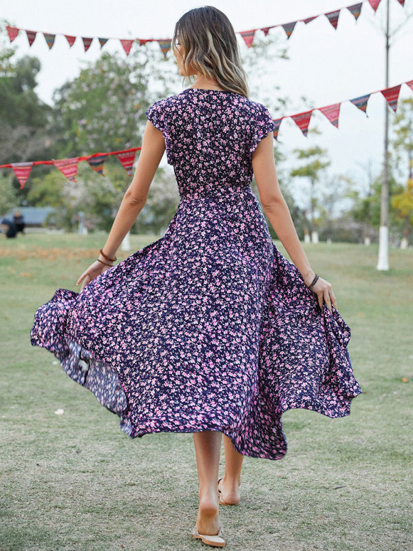Blue Zone Planet |  Bohemian V-Neck Tie Slim Swing Print Dress BLUE ZONE PLANET