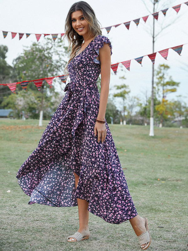 Blue Zone Planet |  Bohemian V-Neck Tie Slim Swing Print Dress BLUE ZONE PLANET