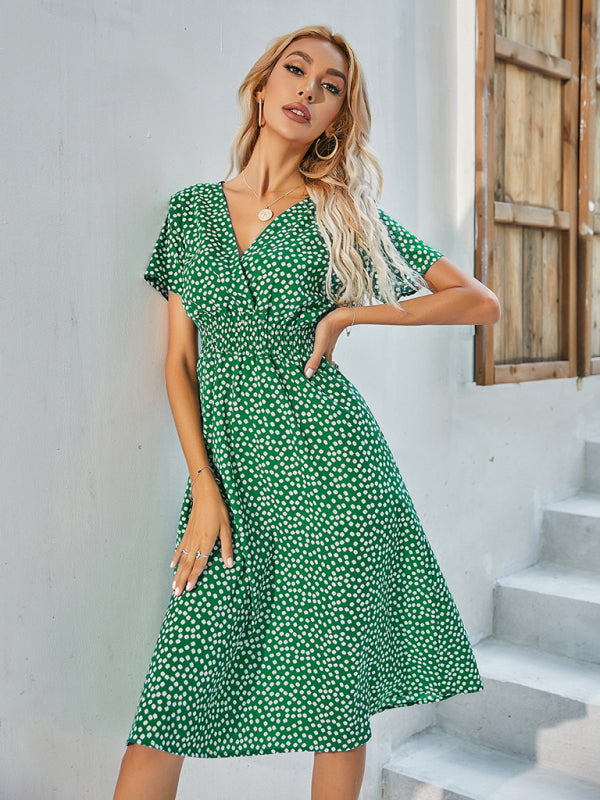 Summer elegant vacation V-neck floral print short-sleeved dress BLUE ZONE PLANET