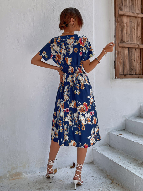 Summer new elegant vacation V-neck floral print short-sleeved dress BLUE ZONE PLANET