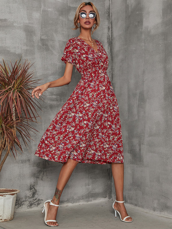 Summer new elegant vacation V-neck floral print short-sleeved dress BLUE ZONE PLANET