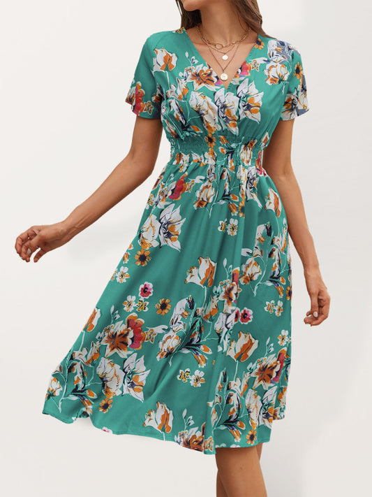 Summer new elegant vacation V-neck floral print short-sleeved dress BLUE ZONE PLANET