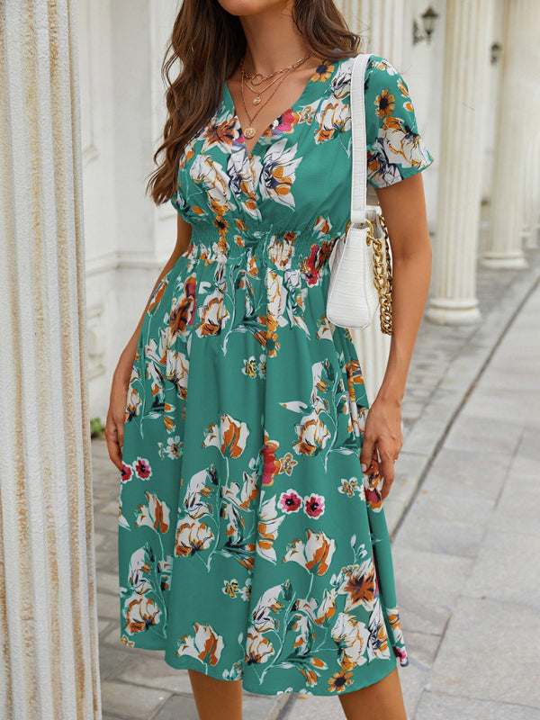 Summer new elegant vacation V-neck floral print short-sleeved dress BLUE ZONE PLANET