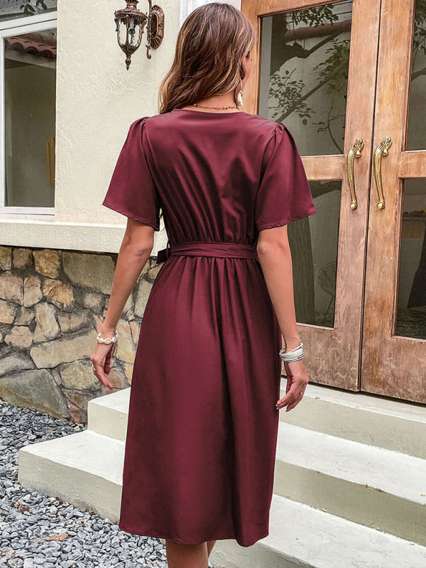 Mia's Woven V-Neck Short Sleeve Midi Dress-TOPS / DRESSES-[Adult]-[Female]-2022 Online Blue Zone Planet