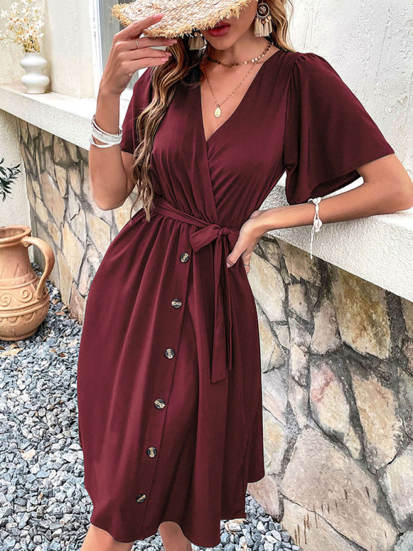 Mia's Woven V-Neck Short Sleeve Midi Dress-TOPS / DRESSES-[Adult]-[Female]-2022 Online Blue Zone Planet