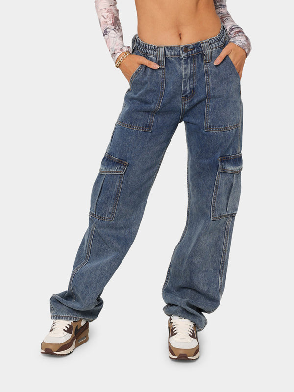 Blue Zone Planet |  Women's Solid Multi-Pocket Cargo Jeans kakaclo