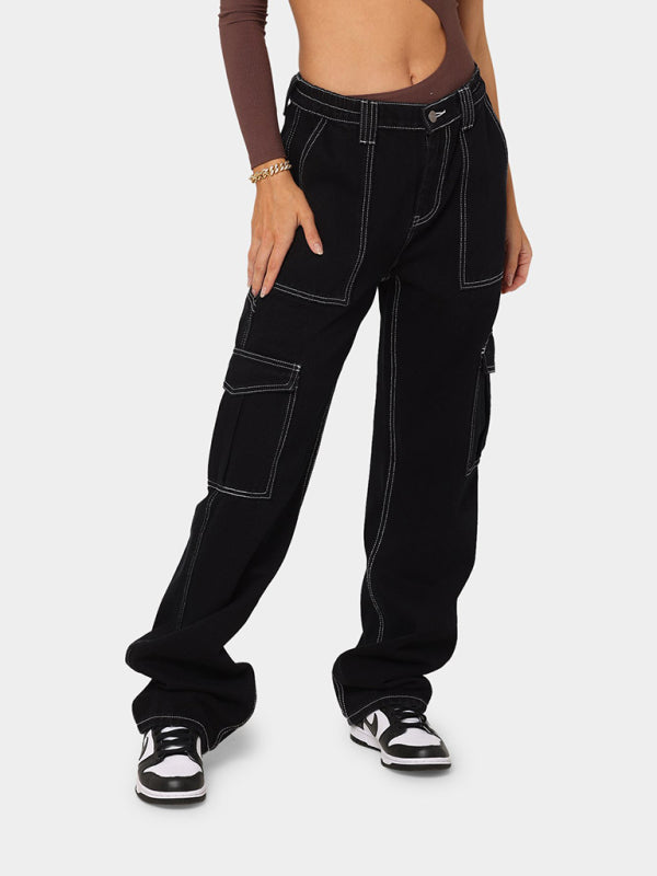 Blue Zone Planet |  Women's Solid Multi-Pocket Cargo Jeans kakaclo