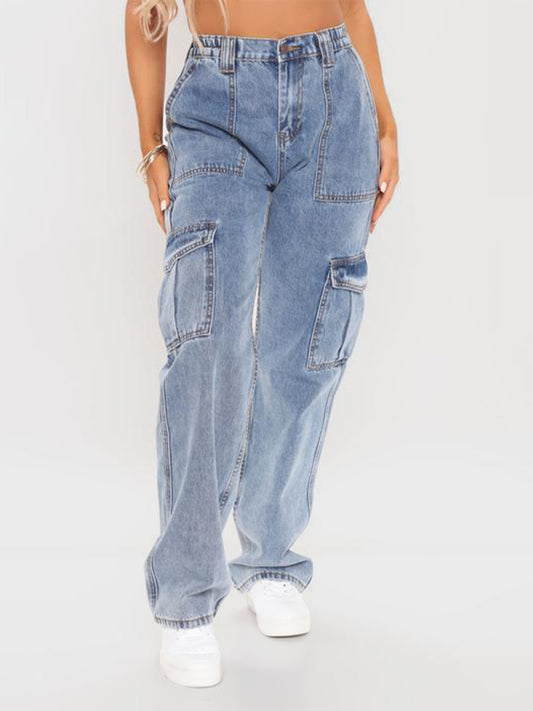 Blue Zone Planet |  Women's Solid Multi-Pocket Cargo Jeans kakaclo