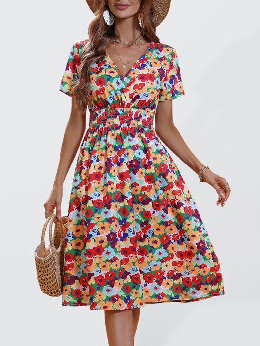 Summer new elegant vacation V-neck floral print short-sleeved dress BLUE ZONE PLANET