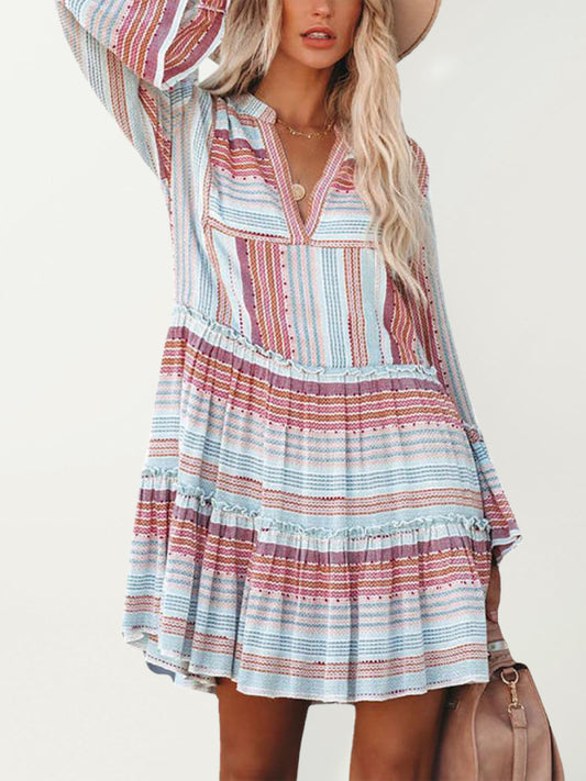 Fashion Printed Long Sleeve V Neck Stitching Dress kakaclo