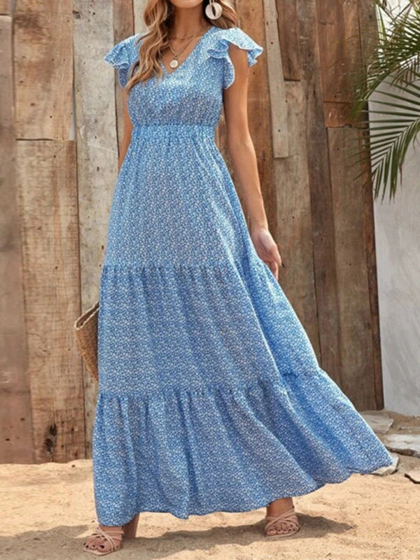 Spring fashion V-neck long skirt waist floral print large swing dress BLUE ZONE PLANET