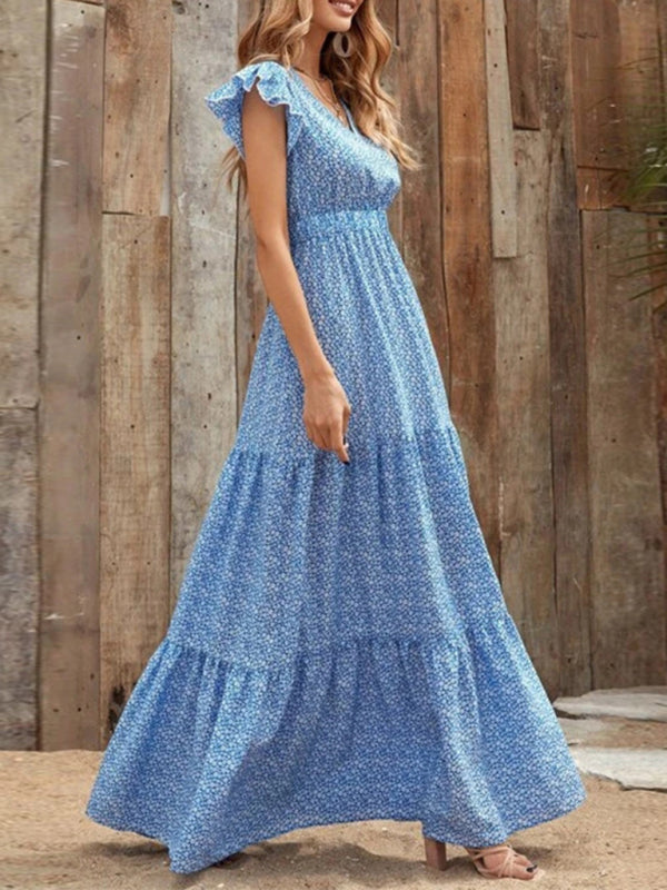 Spring fashion V-neck long skirt waist floral print large swing dress BLUE ZONE PLANET