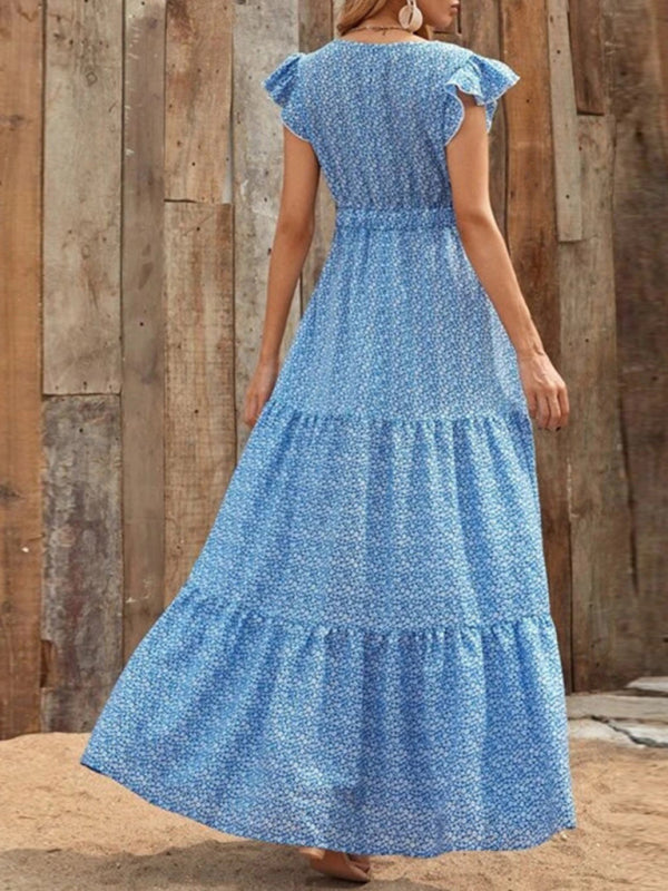 Spring fashion V-neck long skirt waist floral print large swing dress BLUE ZONE PLANET