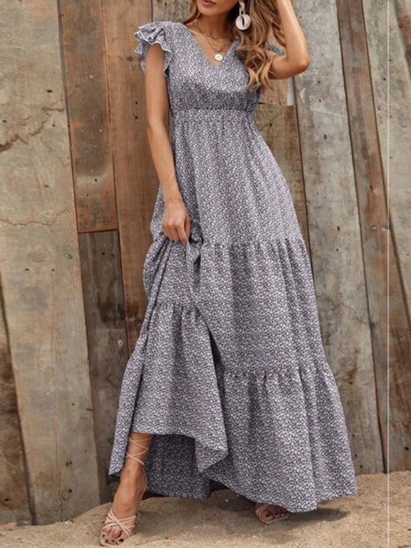 Spring fashion V-neck long skirt waist floral print large swing dress BLUE ZONE PLANET