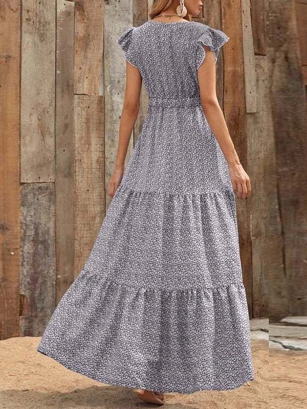 Spring fashion V-neck long skirt waist floral print large swing dress BLUE ZONE PLANET