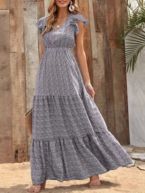 Spring fashion V-neck long skirt waist floral print large swing dress BLUE ZONE PLANET