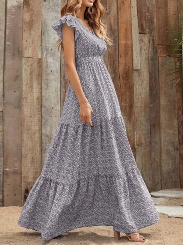 Spring fashion V-neck long skirt waist floral print large swing dress BLUE ZONE PLANET