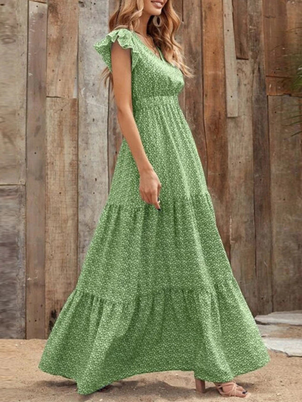 Spring fashion V-neck long skirt waist floral print large swing dress BLUE ZONE PLANET