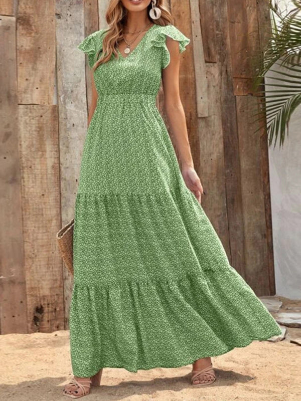 Spring fashion V-neck long skirt waist floral print large swing dress BLUE ZONE PLANET