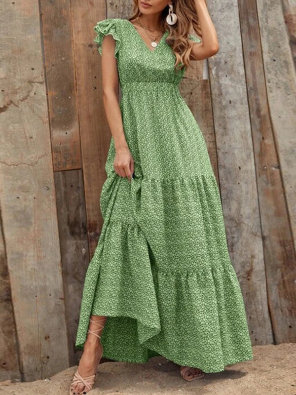 Spring fashion V-neck long skirt waist floral print large swing dress BLUE ZONE PLANET