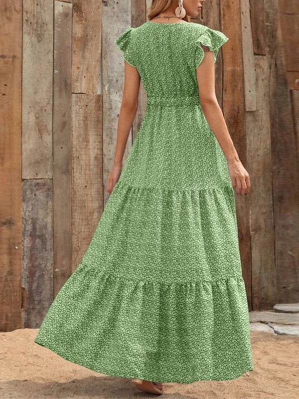 Spring fashion V-neck long skirt waist floral print large swing dress BLUE ZONE PLANET