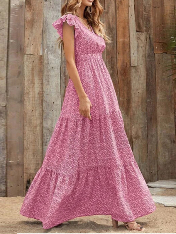 Spring fashion V-neck long skirt waist floral print large swing dress BLUE ZONE PLANET