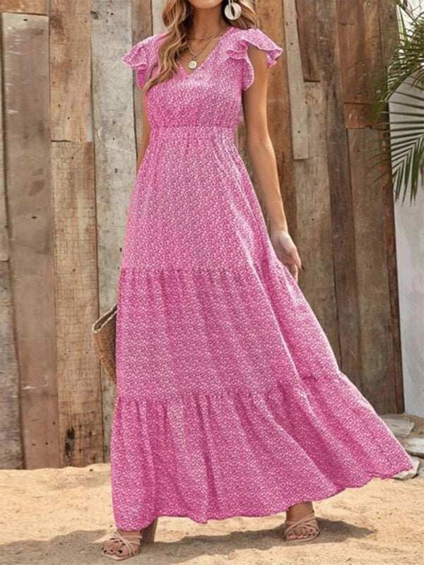 Spring fashion V-neck long skirt waist floral print large swing dress BLUE ZONE PLANET