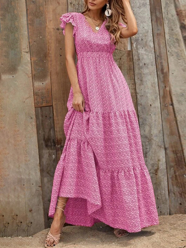 Spring fashion V-neck long skirt waist floral print large swing dress BLUE ZONE PLANET