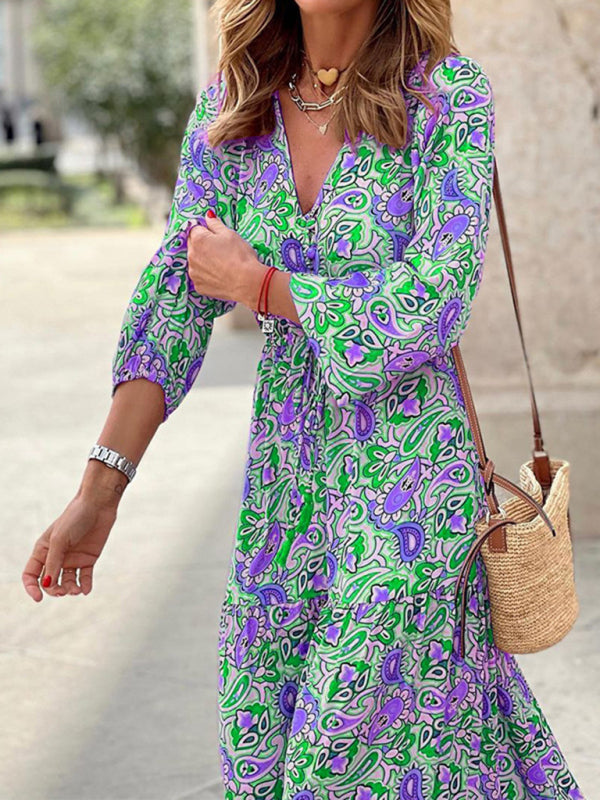 New temperament v-neck bohemian print swing dress BLUE ZONE PLANET