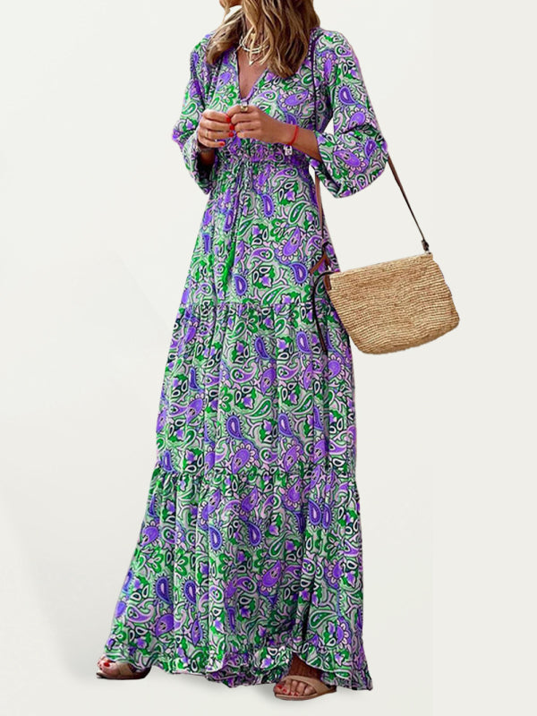 New temperament v-neck bohemian print swing dress BLUE ZONE PLANET