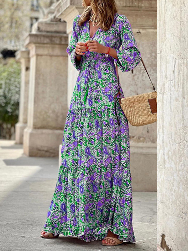 New temperament v-neck bohemian print swing dress BLUE ZONE PLANET