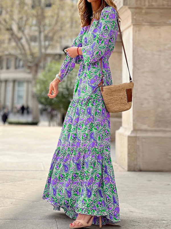 New temperament v-neck bohemian print swing dress BLUE ZONE PLANET