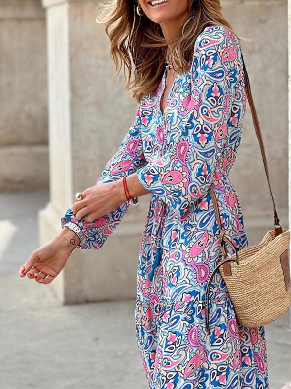 New temperament v-neck bohemian print swing dress BLUE ZONE PLANET