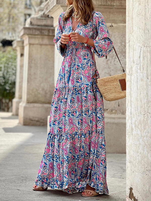 New temperament v-neck bohemian print swing dress BLUE ZONE PLANET