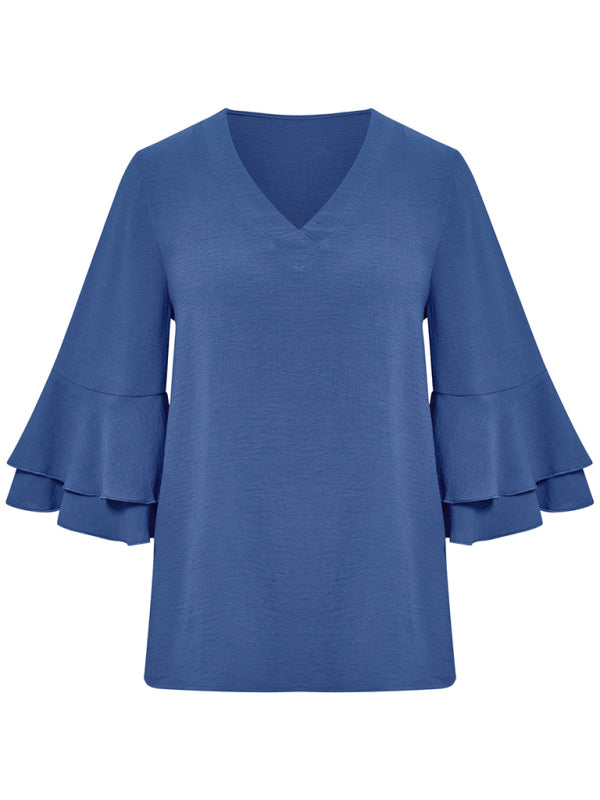 foreign trade solid color loose V-neck lotus leaf sleeve top clothing-[Adult]-[Female]-2022 Online Blue Zone Planet