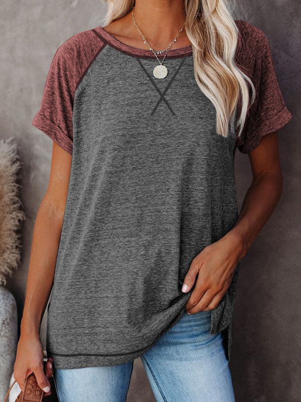 Ladies Colorblock Round Neck Short Sleeve T-Shirt kakaclo
