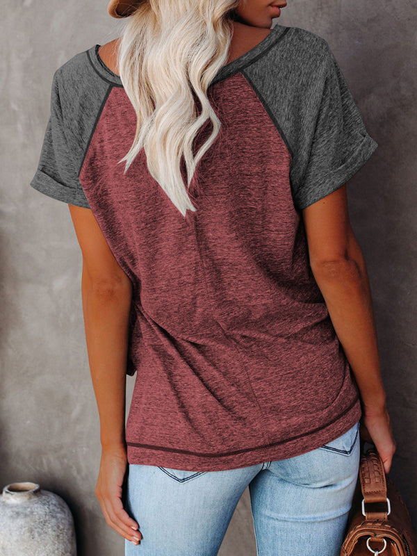 Ladies Colorblock Round Neck Short Sleeve T-Shirt kakaclo