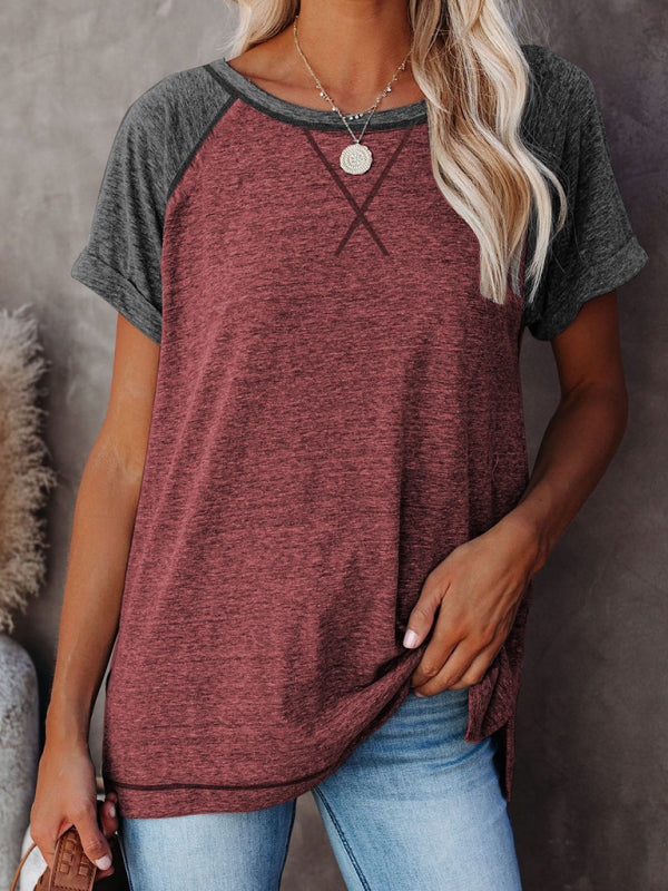 Ladies Colorblock Round Neck Short Sleeve T-Shirt kakaclo