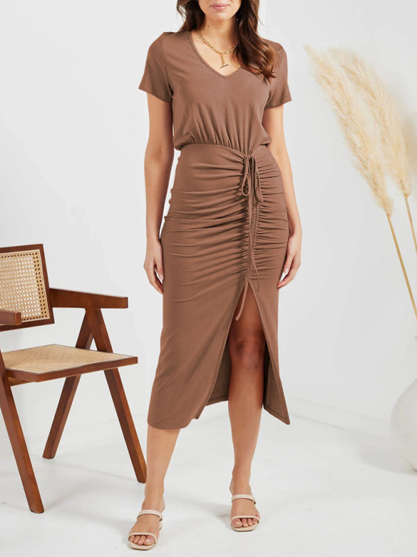 Solid Color V Neck Short Sleeve Drawstring Slit Dress kakaclo