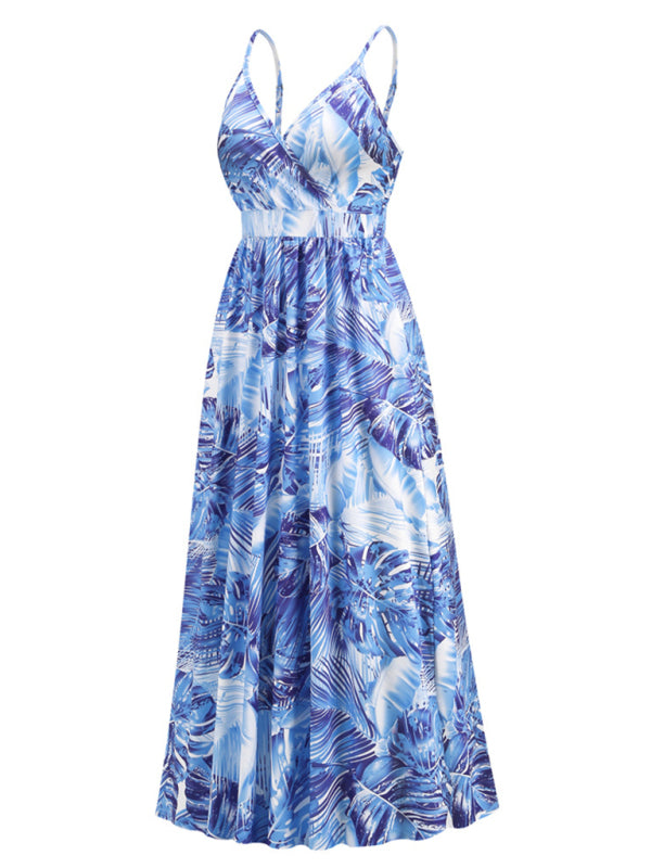 Blue Zone Planet |  Bohemian Printed Long Dress Sexy V Neck Sling Dress kakaclo