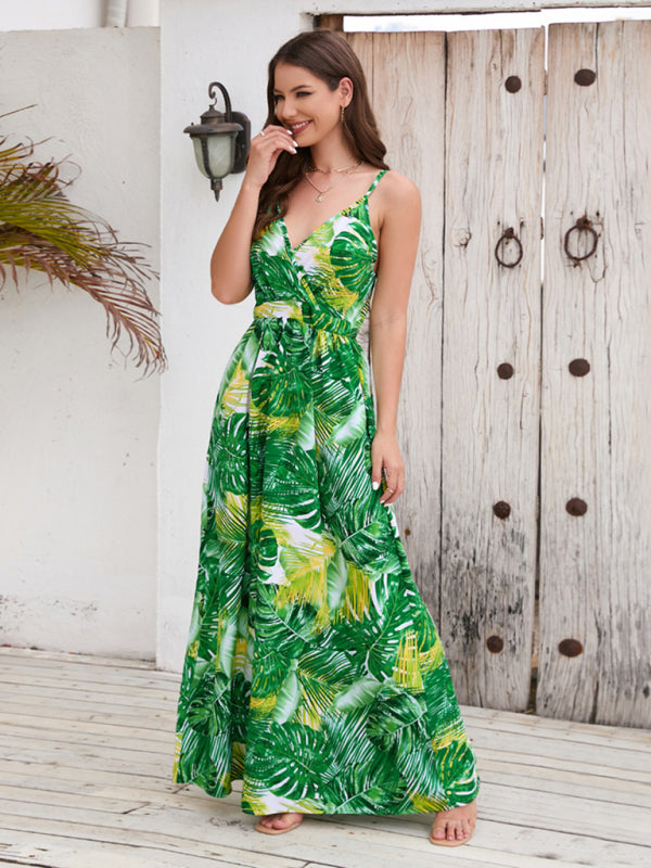 Blue Zone Planet |  Bohemian Printed Long Dress Sexy V Neck Sling Dress kakaclo