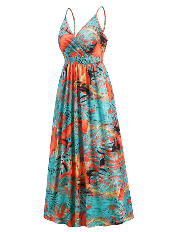 Blue Zone Planet |  Bohemian Printed Long Dress Sexy V Neck Sling Dress kakaclo