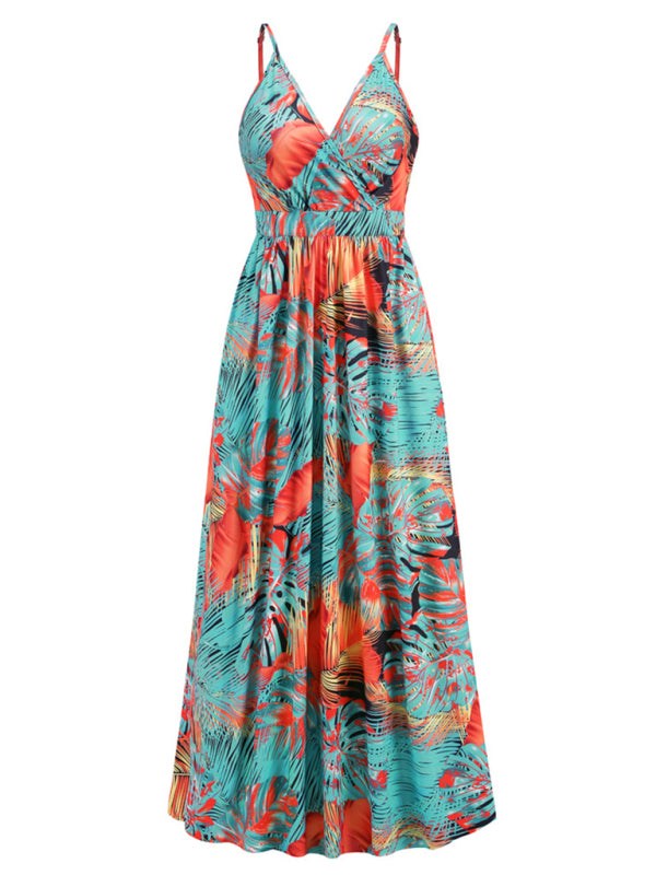Blue Zone Planet |  Bohemian Printed Long Dress Sexy V Neck Sling Dress kakaclo