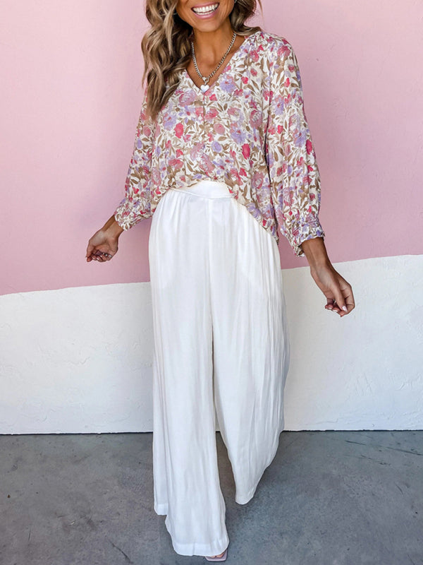 Floral V-neck long-sleeved cardigan single-breasted casual shirt for women kakaclo