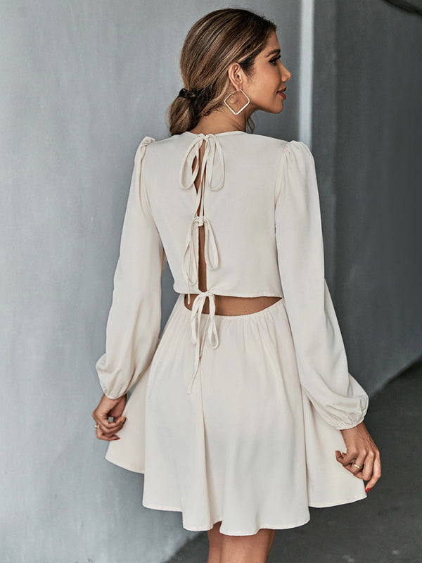 woven sweet waist A-line skirt backless long-sleeved dress kakaclo