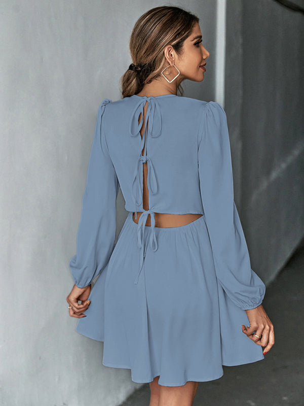 woven sweet waist A-line skirt backless long-sleeved dress kakaclo