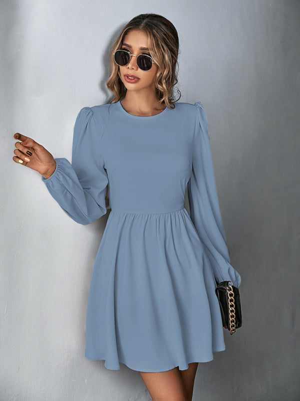 woven sweet waist A-line skirt backless long-sleeved dress kakaclo