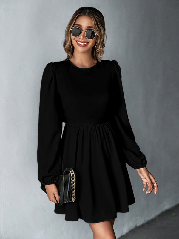 woven sweet waist A-line skirt backless long-sleeved dress kakaclo